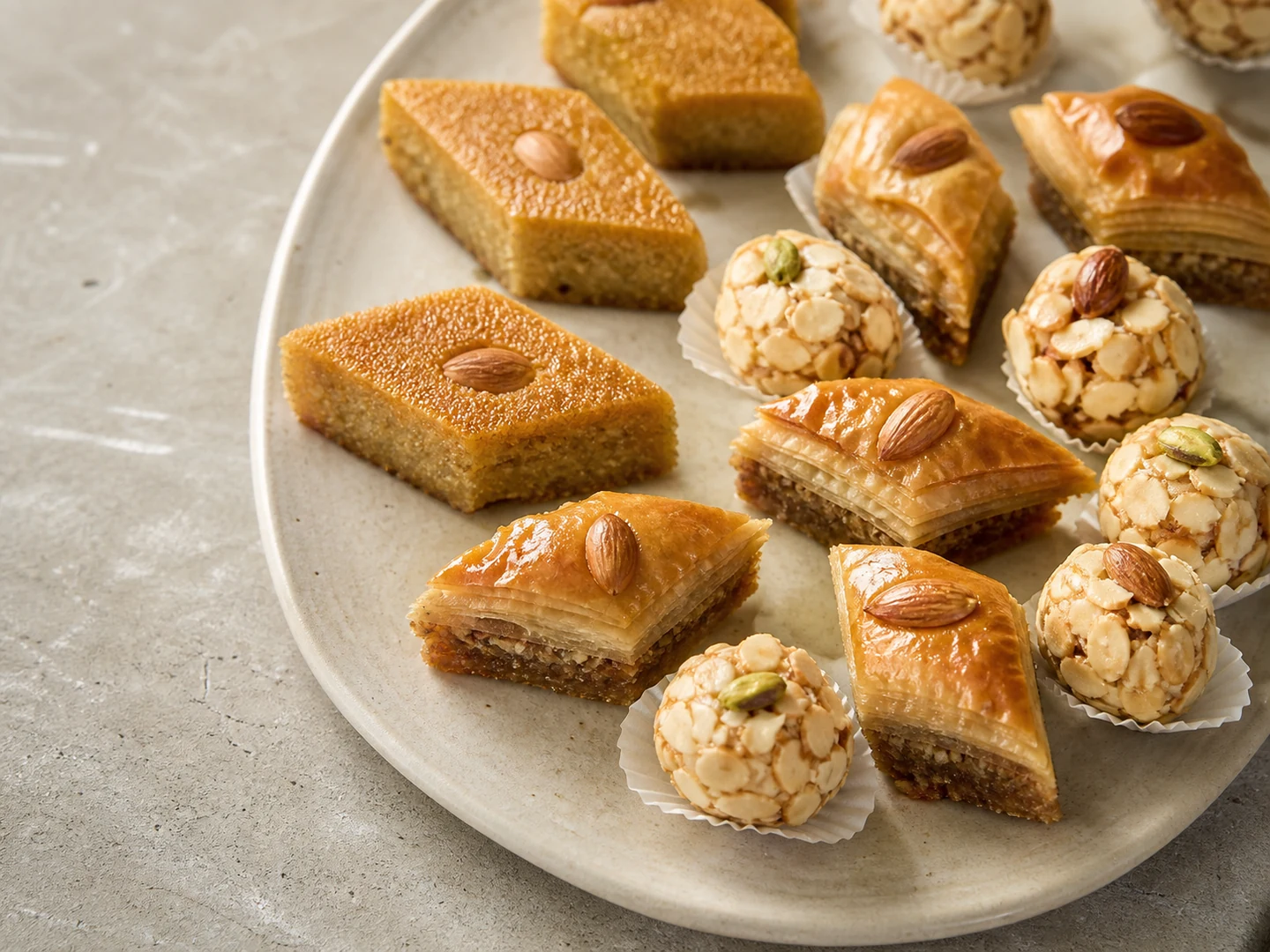 Assortiment raffiné de makrouts, baklavas et douceurs algériennes aux amandes.