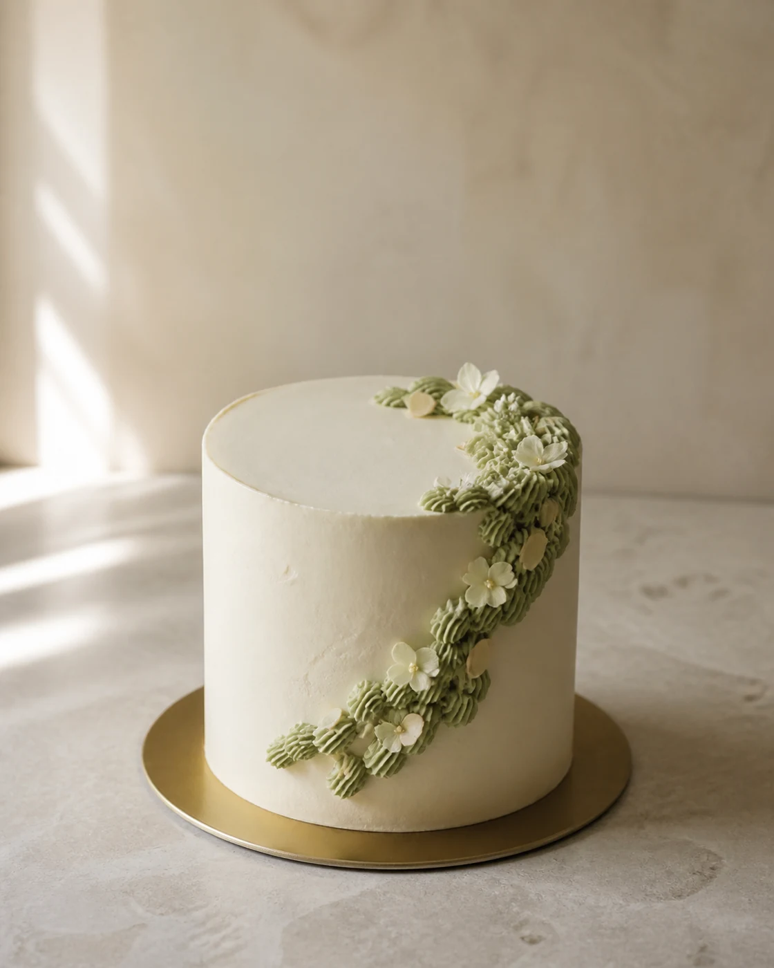 Gâteau de célébration ivoire décoré de crème pistache, amandes et petites fleurs blanches.