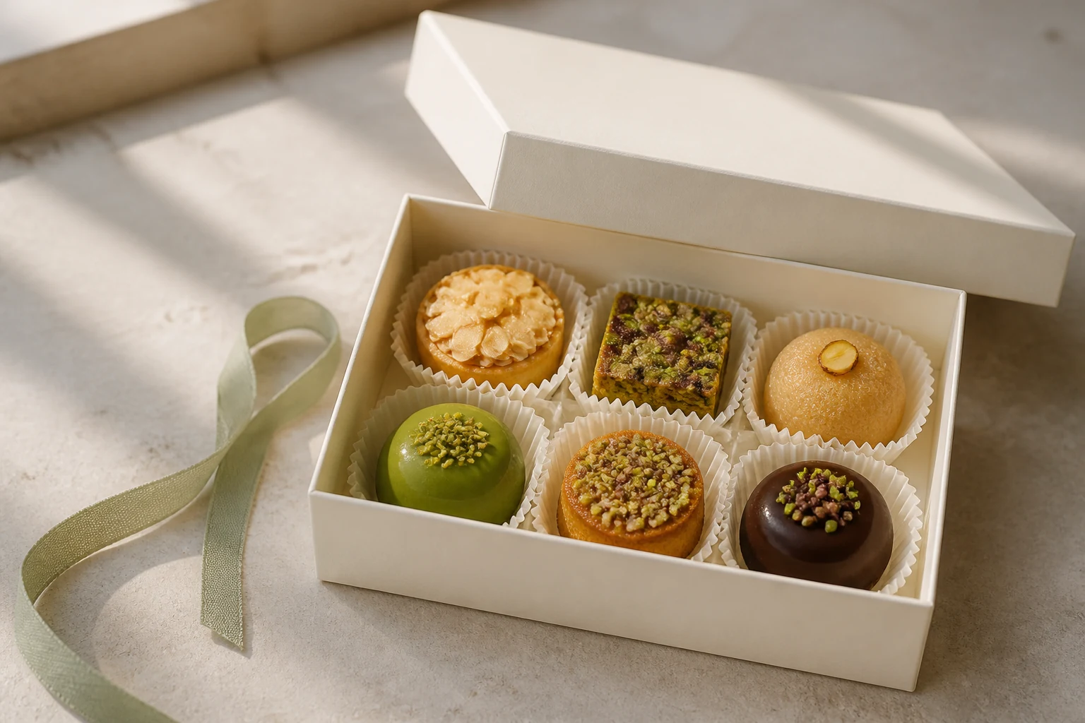 Boîte ivoire ouverte contenant six pâtisseries fines aux amandes et à la pistache.