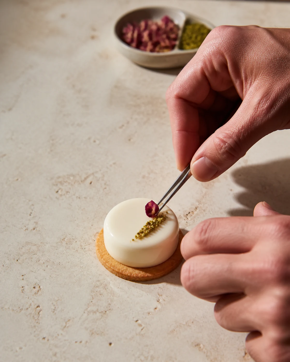 Des mains terminent une pâtisserie avec une pétale de rose et de la pistache.