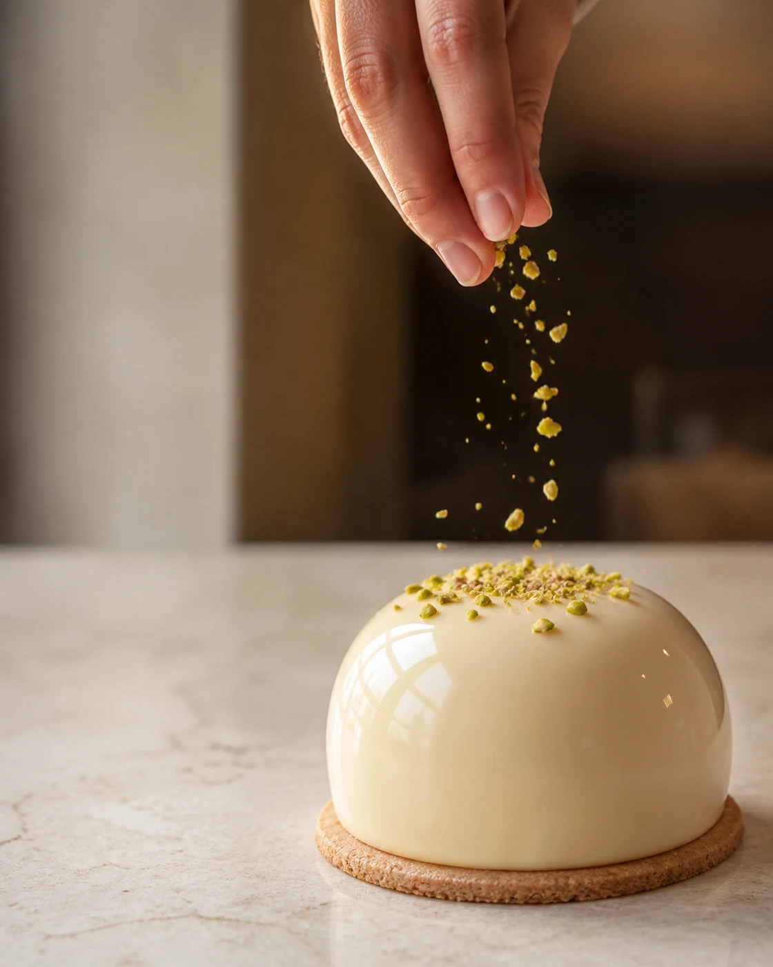 Une main saupoudre délicatement de la pistache sur un entremets ivoire glacé.