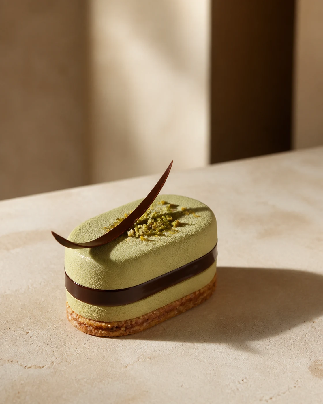 Pâtisserie individuelle à la pistache et au chocolat, posée sur un sablé aux amandes.