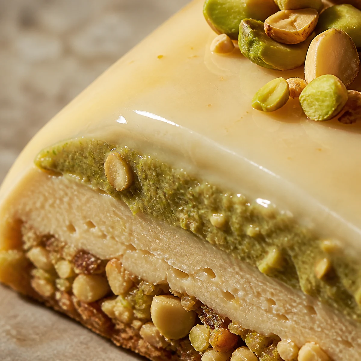 Gros plan sur les couches de mousse, pistache et amande d’un entremets.